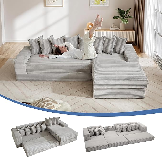 110'' Oversized Cloud Sectional Couches for Living Room Convertible Sleeper Sofa Bed Big Comfy Couch with 2 Side Pockets &amp 8 Pillows Corduroy Free-Combined (Light Gray 110 -Right Facing Chai
