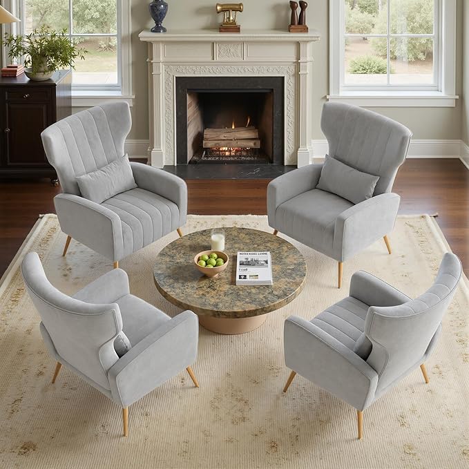 Nalupatio Modern Accent Chairs for Set of 4 Upholstered Velvet Fabric Reading Chair Mid Century Arm Chair Comfy Armchair for Living RoomLight Gray
