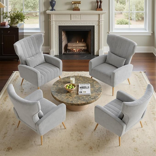 Nalupatio Modern Accent Chairs for Set of 4 Upholstered Velvet Fabric Reading Chair Mid Century Arm Chair Comfy Armchair for Living RoomLight Gray