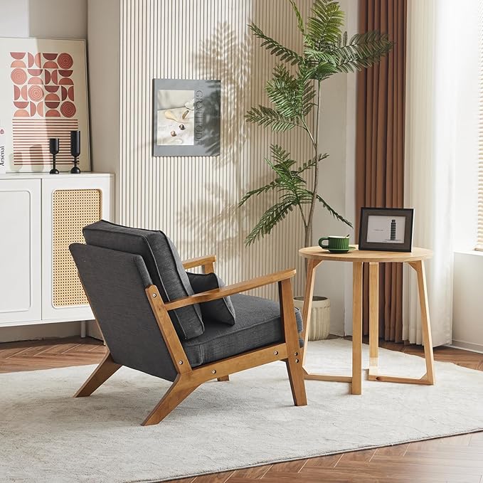Karl home Accent Chair Wide Armrest Mid-Century Lounge Chair Linen Fabric Armchair with Lumbar Pillow &amp Solid Wood Frame for Living Room Bedroom Balcony Gray