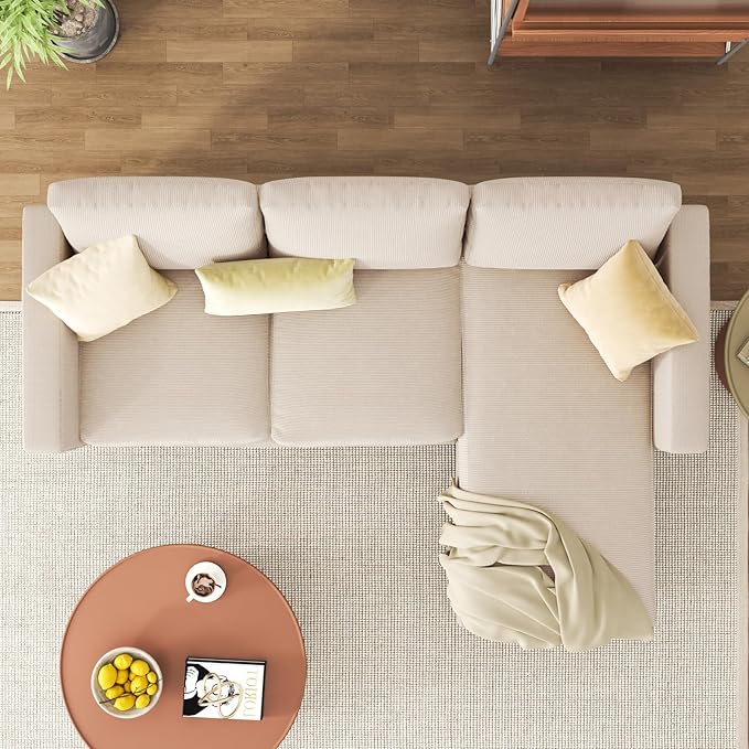 JAMFLY 3-Seat Convertible L-Shaped Sectional Sofa with Reversible Ottoman Upholstered Fabric Couch for Small Living Rooms Modern Modular Couch for Apartment Studio &amp Loft Beige