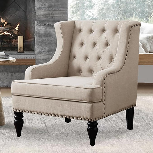 Rosevera Amelia 29 Modern Upholstered Accent Chair Armchair with Wingback Accent Leisure Chair Fabric Reading Living Room Single Sofa for Living Room Bedroom Balcony StudioBeige