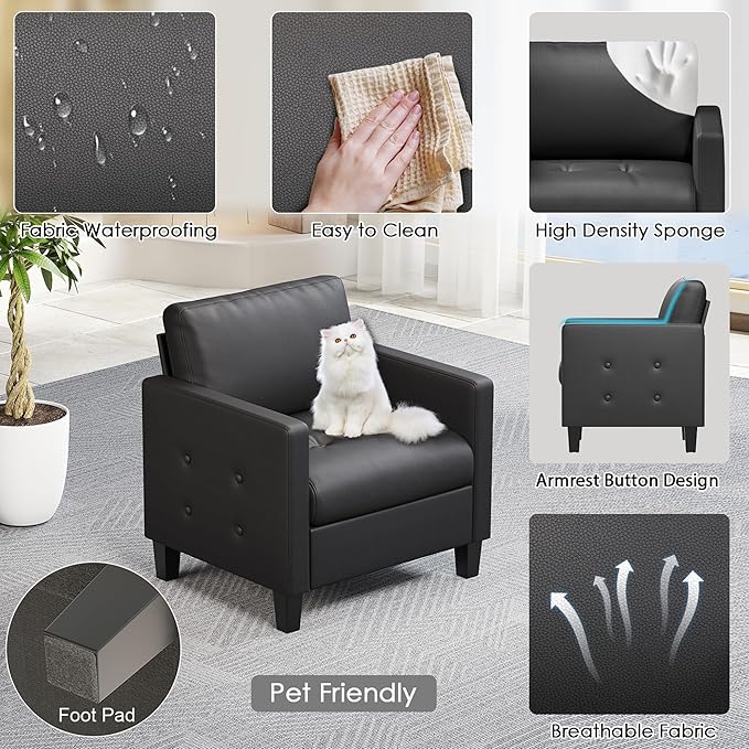 STHOUYN Accent Chair Black Leather Chair Mid-Century Modern Living Room Chairs Cozy Office Reading Chair with Tufted Seat and Armrest Reception Armchairs for Bedroom Waiting Room