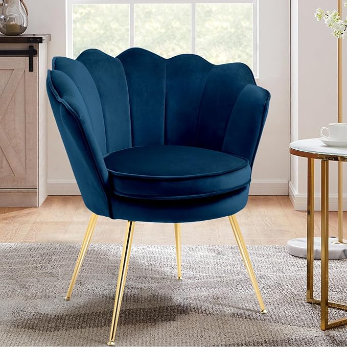 Accent Chairs Set of 2 for Living Room Velvet Upholstered Makeup Room Vanity Chair with Back Golden Metal Legs Small Accent Side Chair for Bedroom Cloud Chair Set 2 Pcs Dark Blue