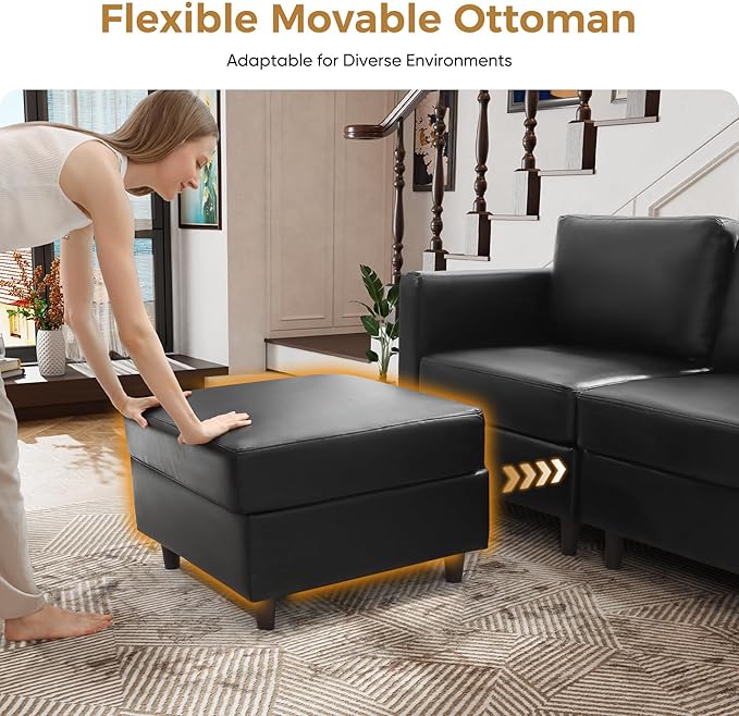 ABCASA Faux Leather Modular Sectional Sofa 118.5 L Shaped Couch Set for Living Room 5-Seater Comfy Cloud Couches with Movable Storage OttomanDIY Combination - Black