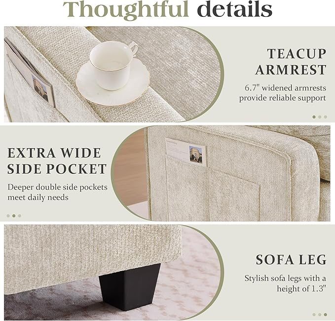 TUNYI 130 Sectional Couch with Storage Oversized Chenille Modular Sectional Sofa for Living Room Convertible Deep Seat Sofa Couches with Ottoman Armrest Pillow (Beige)