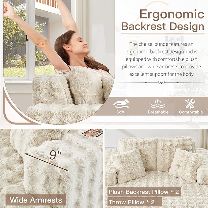 56 W Oversized Chaise Lounge Chair IndoorPlush Faux Fur Sleeper Couch Sofa Bed with PillowsFluffy Comfy Cloud SofaCompression Foam Boneless Couch for Living RoomBedroom(Bubble Beige)