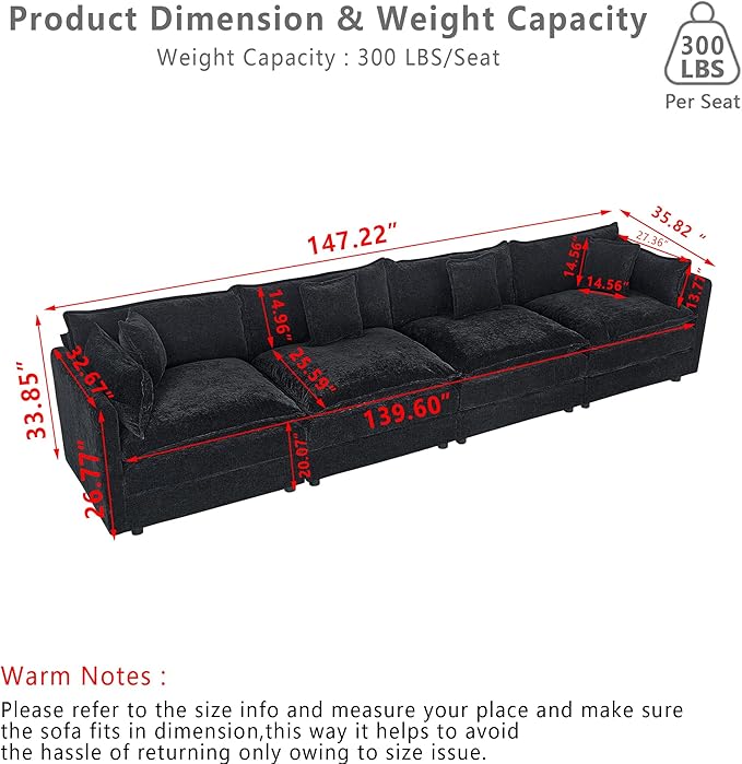 Setawix Chenille Cloud Couches for Living Room4 Seater Cloud Sofa Couch with Deep Seat147.22 Roomy Cloud SofasModular Sectional 4 Seat Sofa with Pillows for Bedroom (Black 4 Seater)