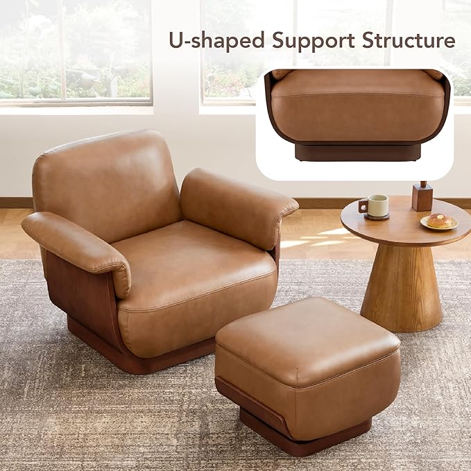 CHITA Genuine Leather Swivel Chair with Storage Ottoman Modern Living Room Accent Chair with Lounge Seat for Bedroom Office Saddle