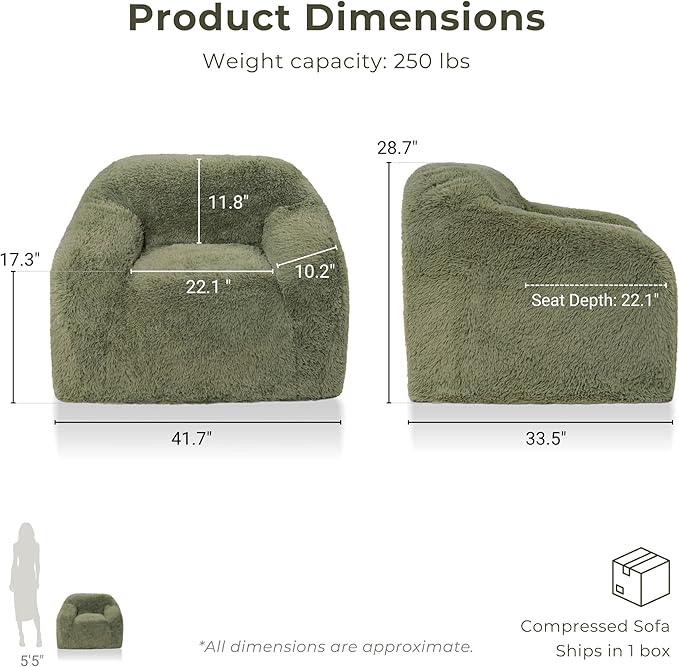 Furniture of America Fexon Modern Upholstered 1-Seater Foam Sofa Chair with Curved Arm Compressed Couch in a Box No Assembly Required for Living Room Home Theater and Office Sage Green