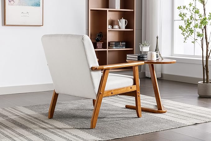 Leisure Chair with Solid Wood Armrest and Feet Mid-Century Modern Accent Chair for Living Room Bedroom Studio Chair