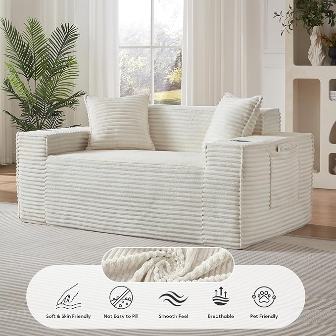 Boneless Sectional Sofa Couch with Cup Holders &amp Side Pockets Modern Corduroy Fabric Deep Seat 3-seat Cloud Couch for Living Room Office No Assembly (White)