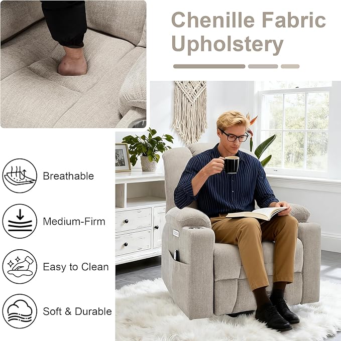 Power Lift Recliner Chair for Eldery Chenille Electric Recliner Chairs with Massage and Heat Remote Control Standing Assistance Lay Flat Recliner Sofa for Living Room Medium-FirmBeige