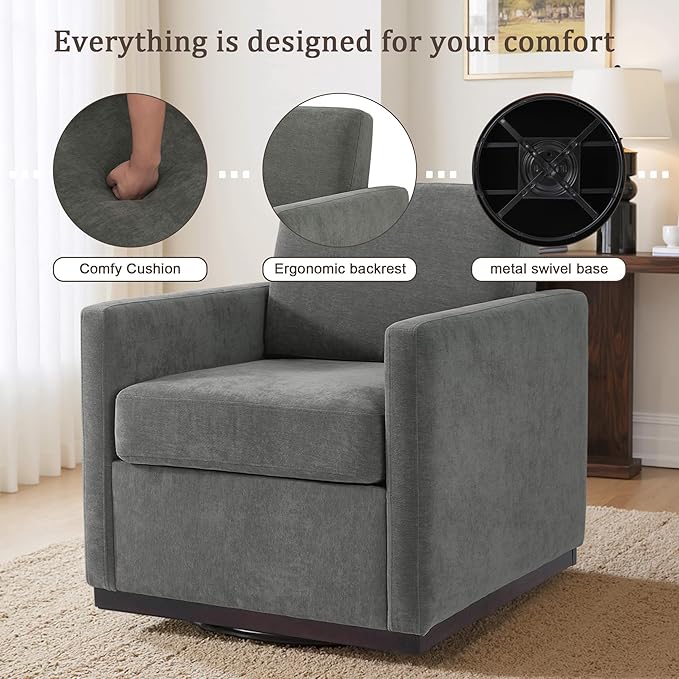 Swivel Accent Chairs Set of 2 360° Swivel Upholstered Club Armchairs for Living Room 31 Wide Square Single Sofa Reading Chair with Deep Seat Metal Swivel Base Chenille Fabric Dark Gray
