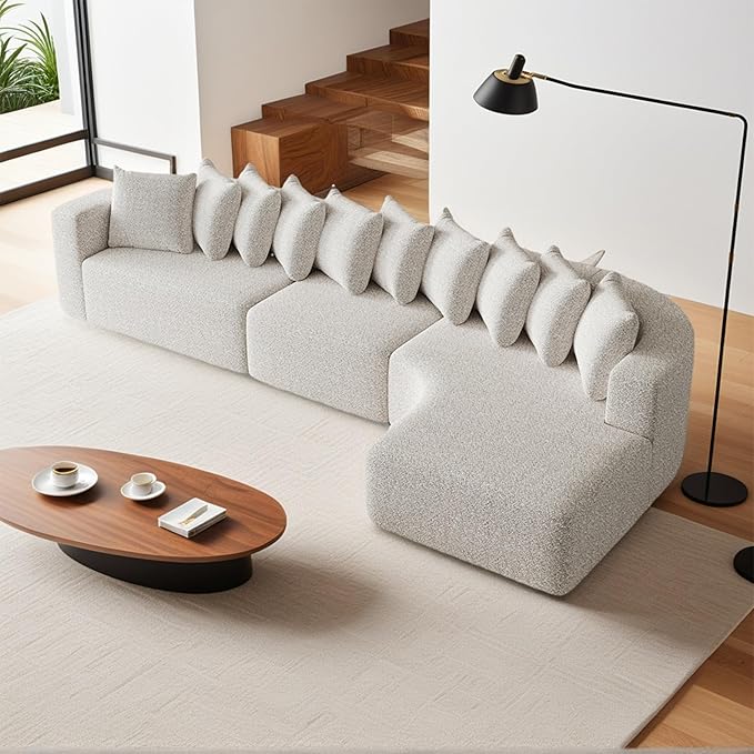 131 Boneless Chenille Sectional L-Shaped Sofa Modern Cloud-Shaped Curved 3-Seater Sofa Includes 10 Pillows Living Room Fabric Corner Couch (Light Khaki 131 Right Chaise)