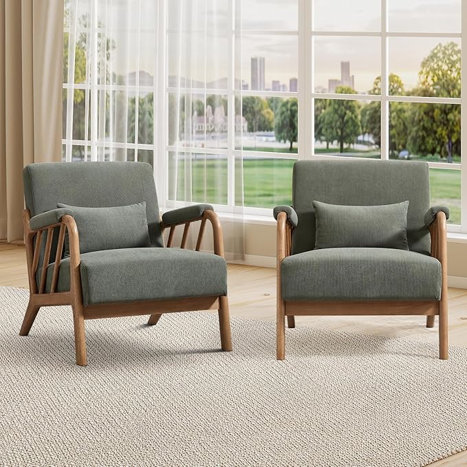 INZOY Accent Chairs Set of 2 Mid Century Modern Accent Chair with Wood Frame Upholstered Reading Armchair with Corduroy Fabric Accent Chair for Living Room Bedroom Apartment Easy Assembly Green