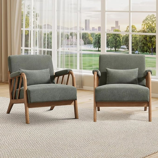 INZOY Accent Chairs Set of 2 Mid Century Modern Accent Chair with Wood Frame Upholstered Reading Armchair with Corduroy Fabric Accent Chair for Living Room Bedroom Apartment Easy Assembly Green