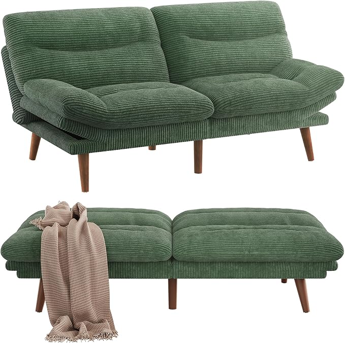 Pipishell Futon Sofa Bed Modern 66 Futon Couch Convertible to Bed &amp Lounger Compact Size Corduroy Loveseat Durable Construction - Fits Small Spaces ApartmentsStudy Room(Seaweed Green 66 In