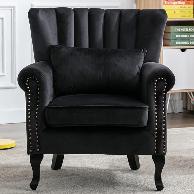 Mid Century Modern Accent Chair Upholstered Armchair Comfy Velvet Fabric Single Sofa with Lined Wingback for Small Spaces Bedroom Living Room Velvet Black 30.1D x 30.5W x 35H in
