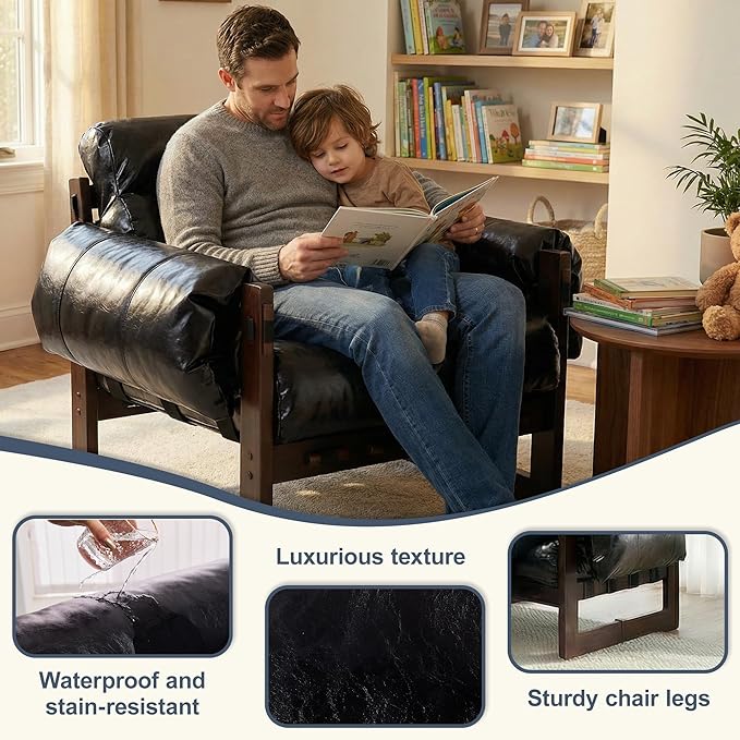 Modern Leather Accent Chair Mid Century Reading Chair with Solid Wood Frame and Removable Padded Armrests Upholstered Armchair with Soft Cushion for Bedroom Balcony Lounge Reading Room Retro Black