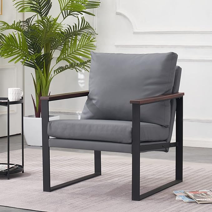 MCombo Modern Accent Chairs Faux Leather Upholstered Living Room Armchairs Waiting Room Guest Chair for Bedroom Office HQ304 (1 Grey)