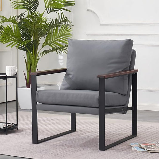 MCombo Modern Accent Chairs Faux Leather Upholstered Living Room Armchairs Waiting Room Guest Chair for Bedroom Office HQ304 (1 Grey)