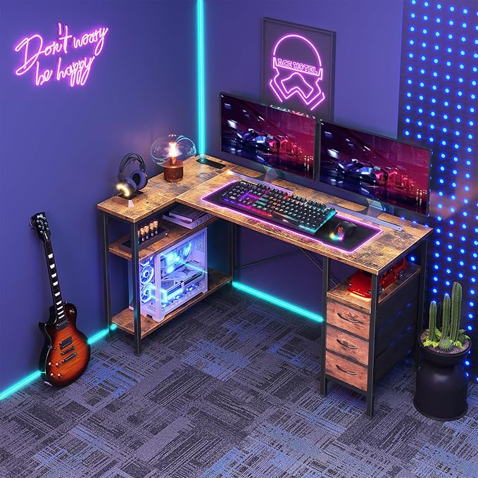 DUMOS L Shaped Desk with Shelf Drawers 55 Inch Brown Corner Computer Desks Gaming with Power Outlet Study Table with Adjustable Shelves Home Office Tables for Bedroom Teacher Reading Writing