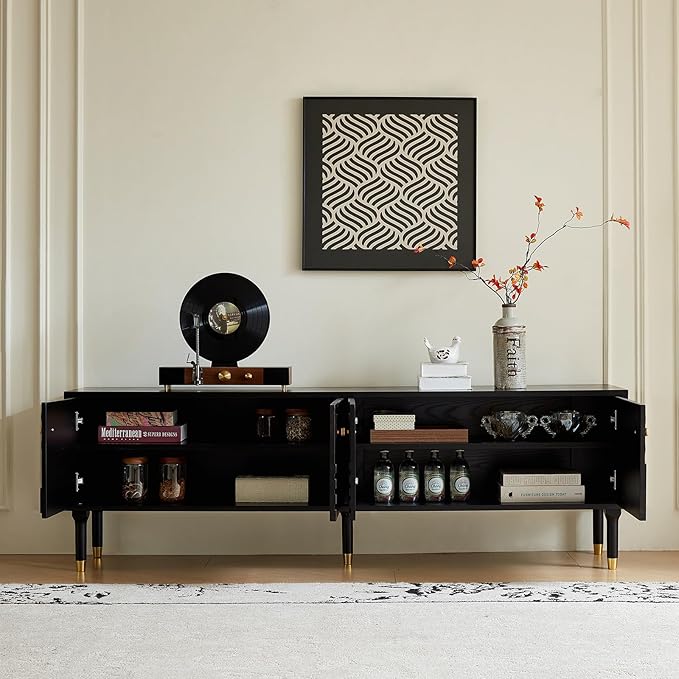 Modern TV Stand for 75 inch TV 66.9 Entertainment Center with Carved Geometric Doors TV Console with 4 Cabinet Storage Retro Art-Inspired Media Console for Living Room/Bedroom - Black