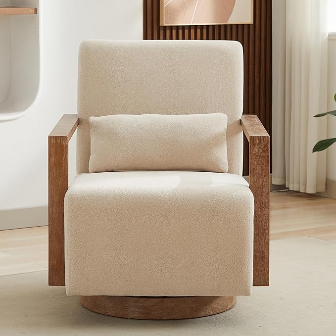 Beige Swivel Accent Chair Mid Century Modern Swivel Barrel Chair for Living Room Comfy Accent Chair 360 Degree Upholstered Armchair for Bedroom Nursery Linen