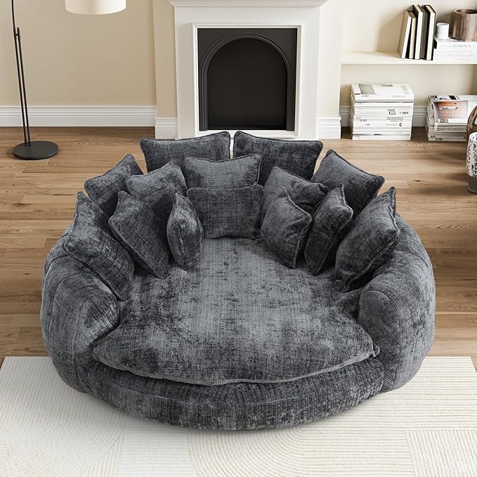 81 Round Sofa Bed Big Bean Bag Round Chaise Lounge Oversized Round Couch Boneless Reading Chair Plush Fluffy Chenille Large Chaise Chair for Living Room Bedroom Apartment Dark Gray