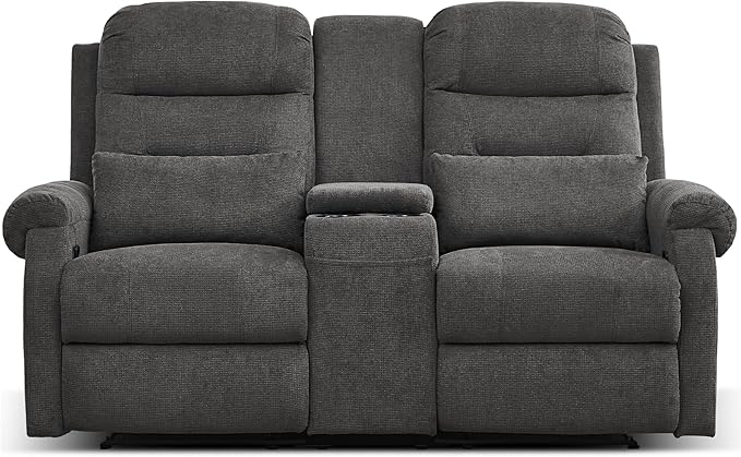 DRMBOOK RV Loveseat Recliner Sofa with Console Flax Velvet Double Wall Hugger Reclining Couch Manual Home Movie Seating 2 Person Recliner Chair with Cup Holders/Storage/Pocket/Lumbar Pillow Grey