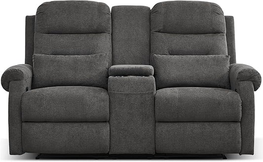 DRMBOOK RV Loveseat Recliner Sofa with Console Flax Velvet Double Wall Hugger Reclining Couch Manual Home Movie Seating 2 Person Recliner Chair with Cup Holders/Storage/Pocket/Lumbar Pillow Grey