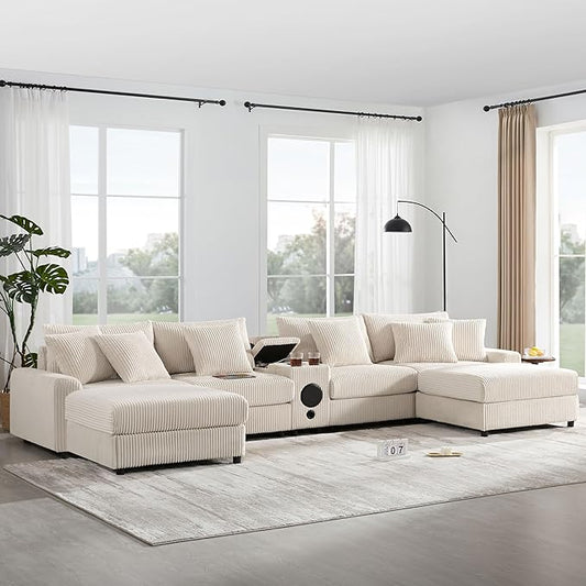 141.5 * 64'' Corduroy Sectional Sofa with Bluetooth Speakers U-Shaped Couch with Console USB Charger Cup Holders and Ottoman Deep and Wide Seat Cloud Sofa for Living Room&ampApartment Cream