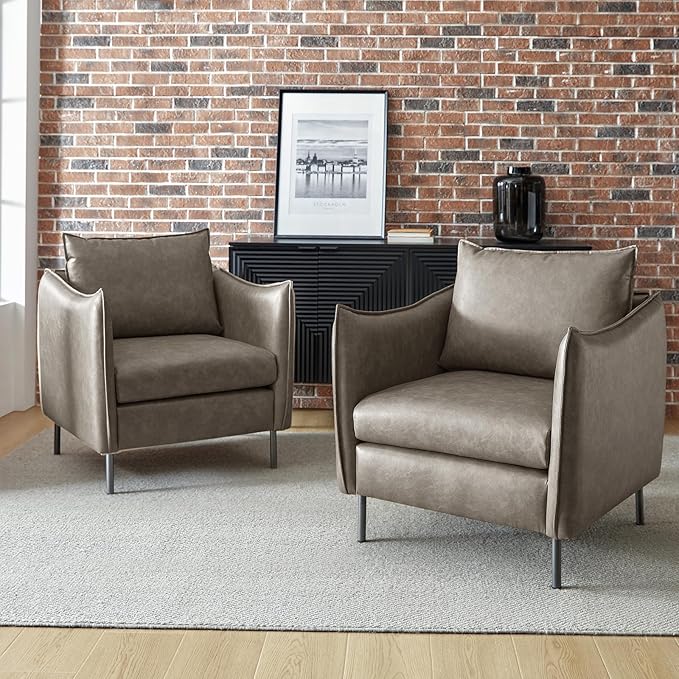 HULALA HOME Leather Armchair Set of 2 Modern Faux Leather Accent Armchair Upholstered Living Room Chairs with Moveable Cushion for Living Room Office Reading Customer Reception Grey