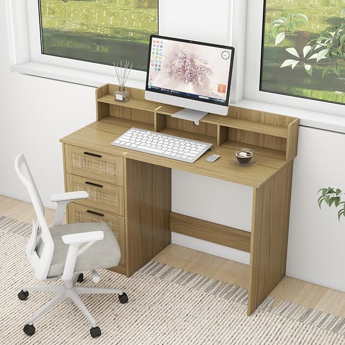 Computer Desk with Rattan Drawers and Hutch - 47 Inch Home Office Boho Writing Desk with Storage File Drawer &amp Monitor Stand Modern Wood Computer Table