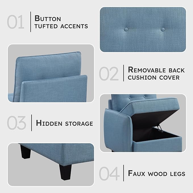 Lexicon Modern Modular One Arm Side Chair with Hidden Storage Textured Fabric Chair with Button-Tufted Design Reversible Back Cushion for Living Room/Bedroom/Office Blue