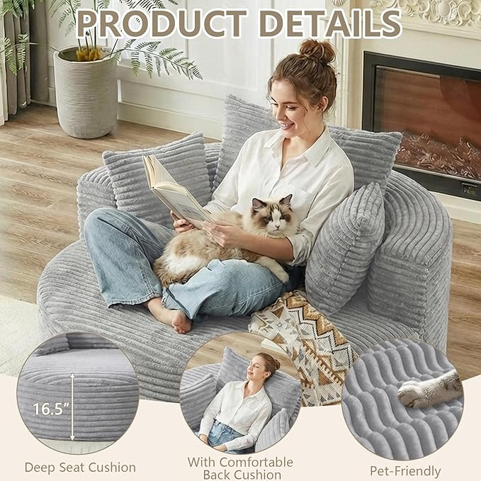 55 L Corduroy Sponge Single Sofa Oversized Round Chair Fluffy Modern Sleeper Chairs for Living Room Lounge and Projection Room Wide Armrest Lounge Chairs Armchair with Pillow Light Grey