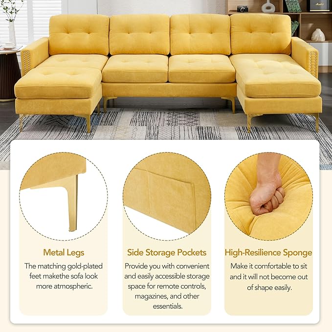 Merax Velvet L-Shape Sofa 4 Seat with Chaise and Movable Ottoman 110.6 Sofa Couch for Living Room Apartment Office (Yellow)