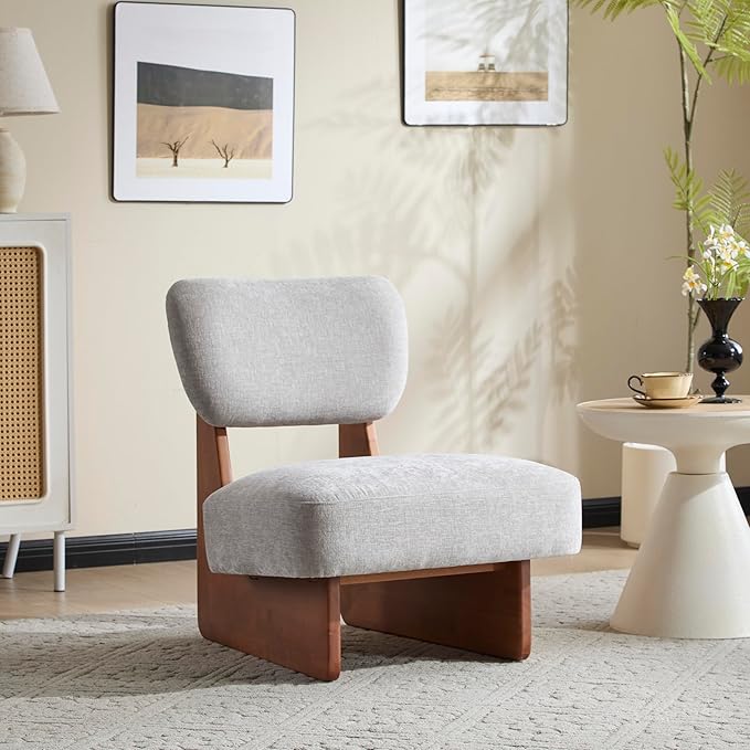 GDFStudio Upholstered Armless Accent Chairs Set of 2 Modern Side Chair Minimalist Leisure Chair with Backrest for Living Room Bedroom Reading Room Gray Cushioned Seat &amp Walnut Base