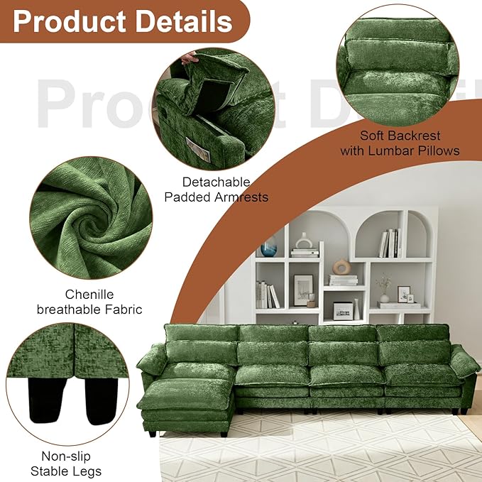 148'' Modular Sectional SofaL Shaped Couch with Movable Ottoman Comfy Cloud Sofa with Deep Seat 4 Seat Convertible Sectional Couches for Living Room with USB Charging &amp Side Pockets(Green)