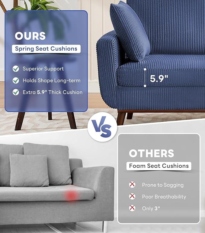Tbfit Corduroy Couch for Living Room Mid Century Modern Sofa with Spring Cusions for BedroomComfy Upholstered Couches Easy Assembly with Solid Wood Legs &amp 2 Pillows (Blue 65inch)