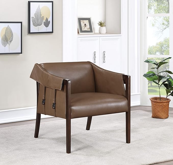 OSP Home Furnishings Parkfield Faux Leather Accent Chair with Sling Buckle Design and Solid Wood Frame Molasses