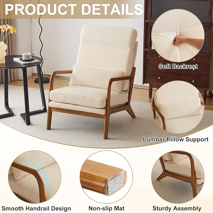 Karl home Mid-Century Modern Accent Chair Living Room Chairs with Pillow High Back Corduroy Upholstered Lounge Armchair with Solid Wood Frame &amp Soft Cushion for Bedroom Reading Room Beige