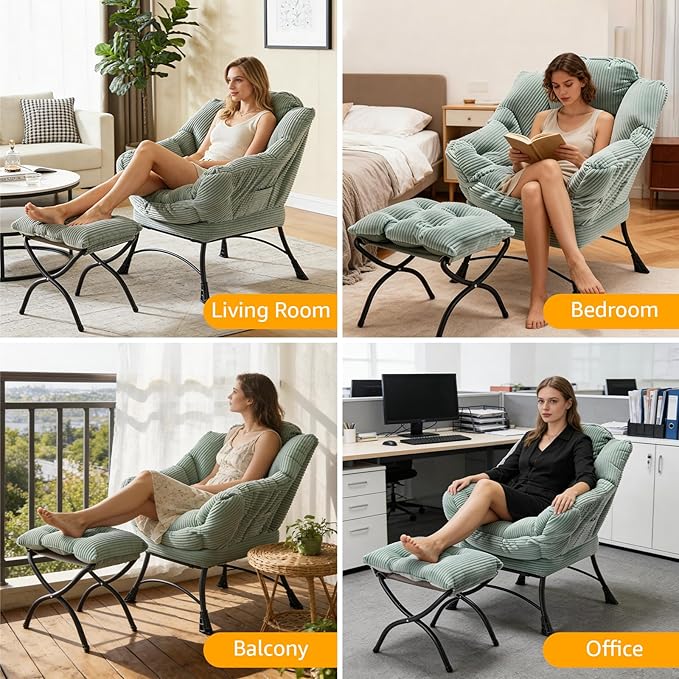 Oversized Lazy Chair with Ottoman for Adults Chair and Ottoman Set Modern Skinny Lounge Chair with Footrest Wide Reading Chair for Living Room/Bedroom Comfy Accent Armchair for Small Spaces Green