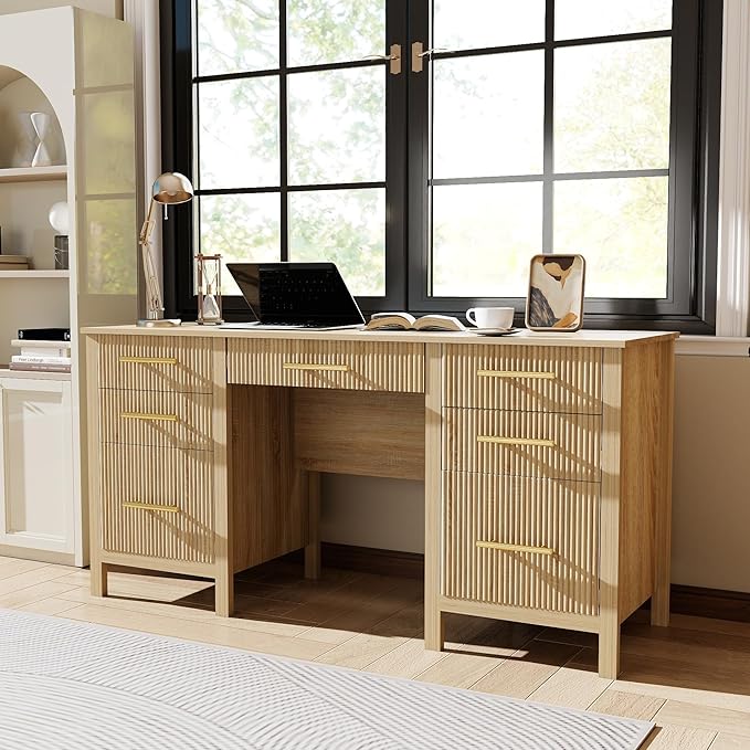 Oak Computer Desk with Storage: 60 Wooden Executive Office Desk with 7 Drawers Home Office Desks with File Drawers Fluted Writing Desks for Study Living Room