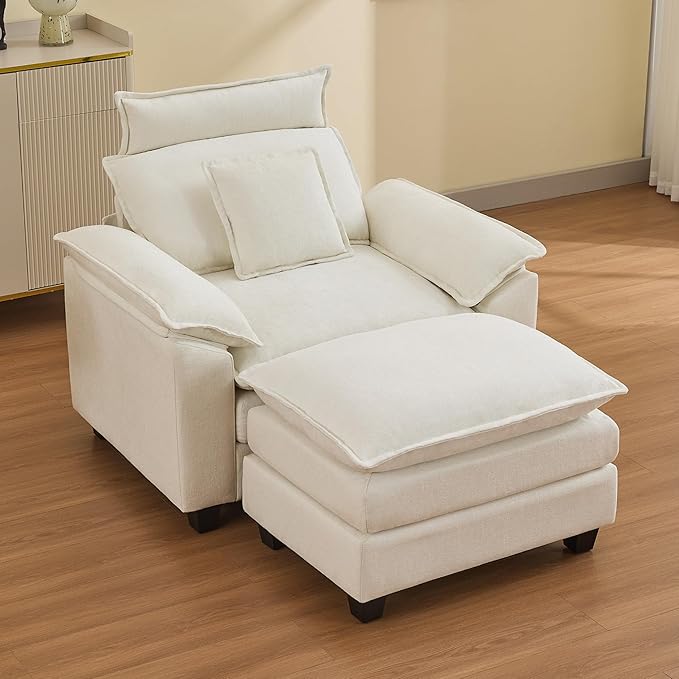 46''Cloud Oversized Sofa Chair with Detachable Headrest Upholstered Comfy Arm Accent Chair with OttomanModern Chenille Reading Lounge Armchair for Living RoomBedroom Beige