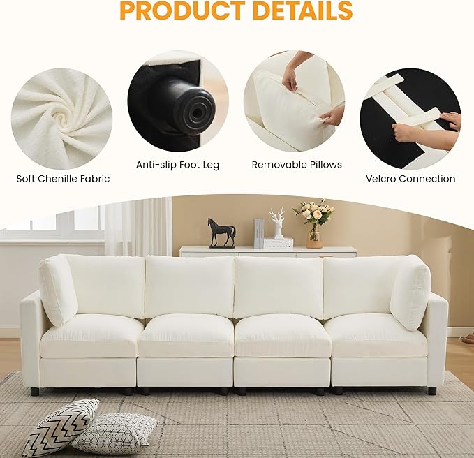 116'' 4-Seater Modular Sectional Cloud Sofa Straight-Line Couches for Living Room Modern Upholstered Deep Seat Sofa Chenille Beige