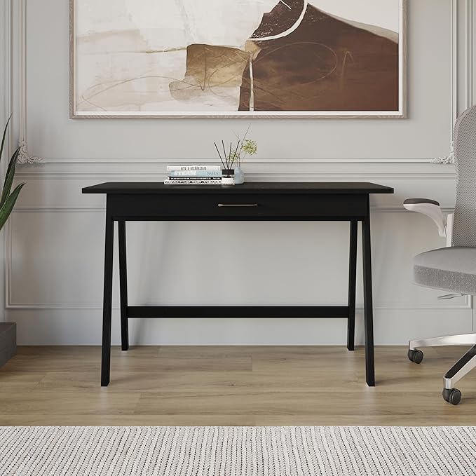 HOME DESIGN Serafina Solid Wood Writing Desk Modern Clean-Lined Design with Wide Storage Drawer Compact Home Office Desk Natural Wood Grain Finish Black