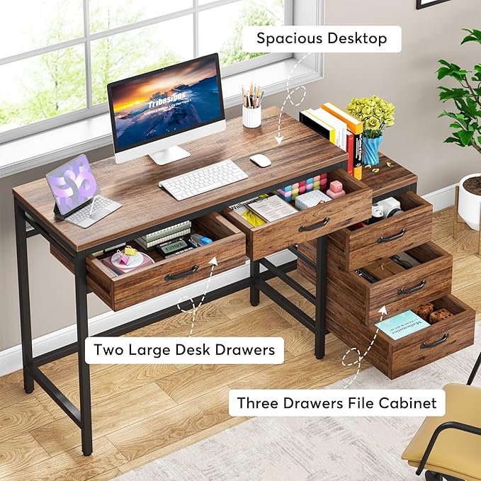 LITTLE TREE 5 Drawers Computer Desk Desk with Reversible File Drawer Cabinet for Home Office Brown