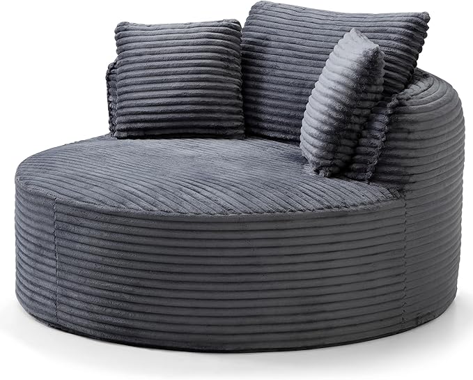 Oversized Round Chair Lounge Chaise Indoor 53.5 Corduroy Boneless Round Chair Fluffy Single Deep Seat Cloud Sofa Chairs Modern Circle Chaise Lounge for Bedroom Living Room Dark Grey